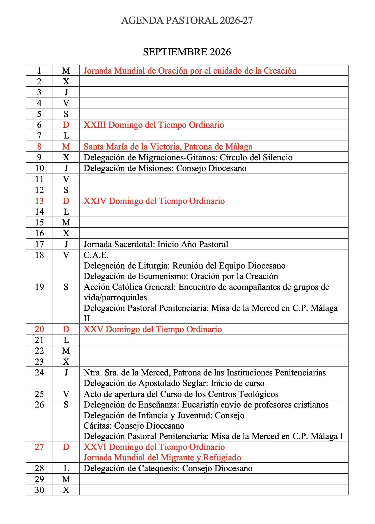 Agenda Pastoral 2026-2027