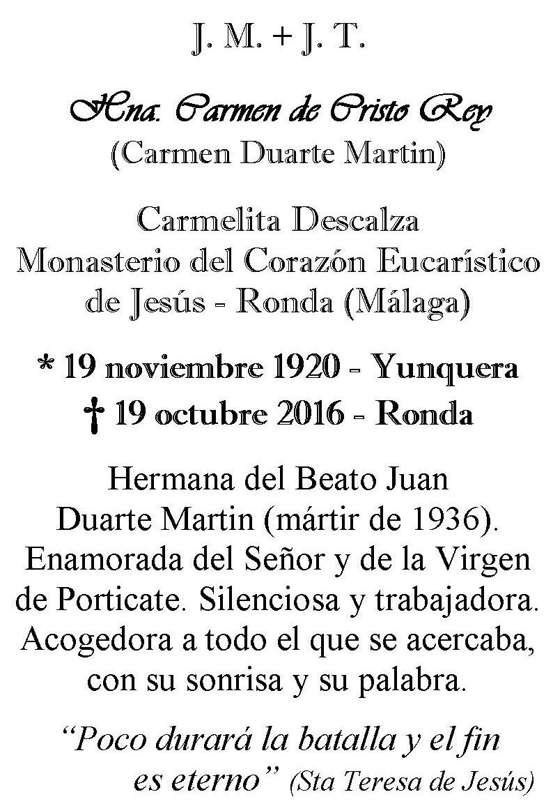 Reverso del recordatorio hecho por las Carmelitas Descalzas