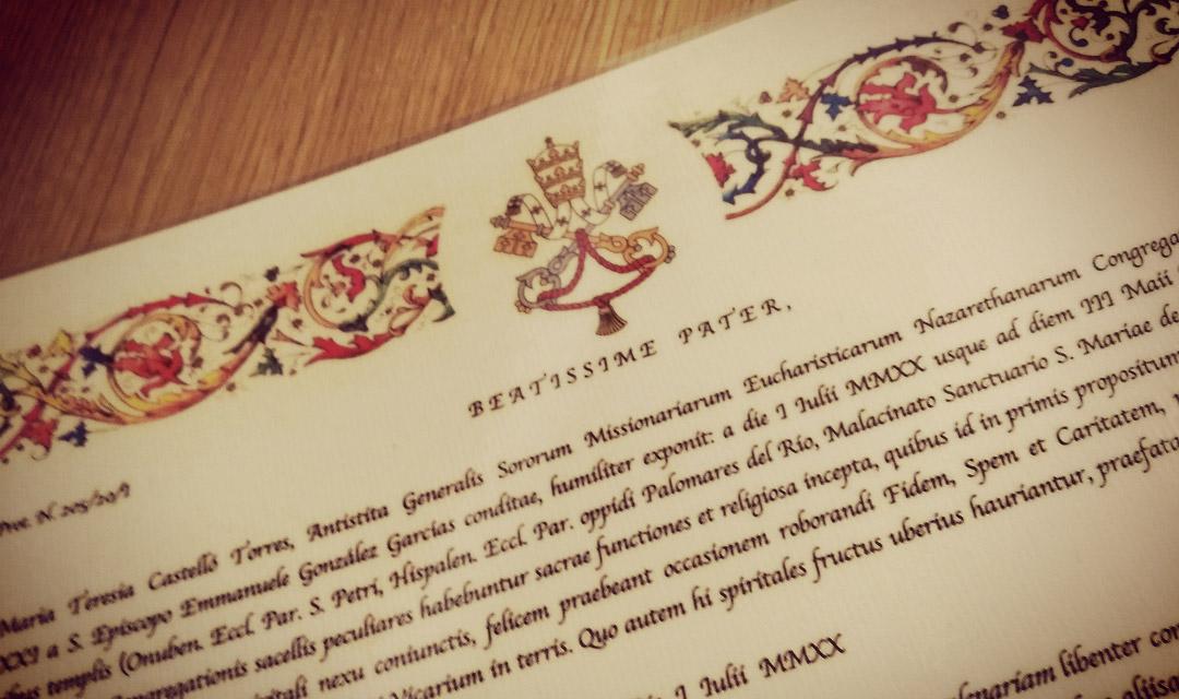 Decreto por el que se otorga el año jubilar a la congregación de Misioneras Eucarísticas de Nazaret