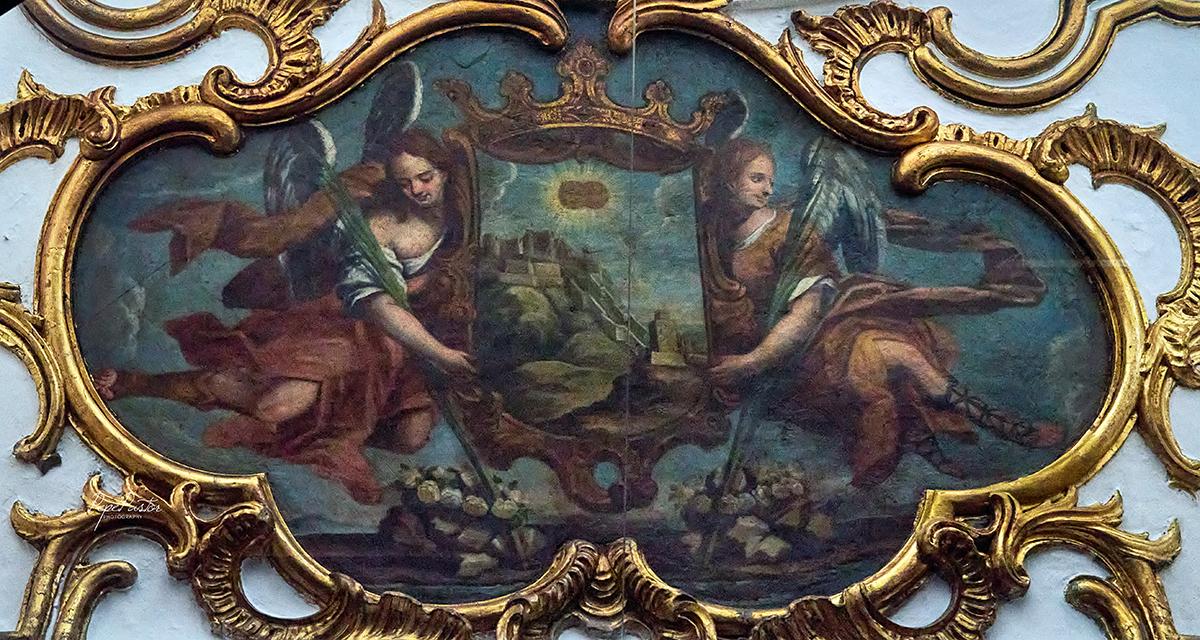 Alegoría escudo de la ciudad con san Ciriaco y santa Paula como dos luceros