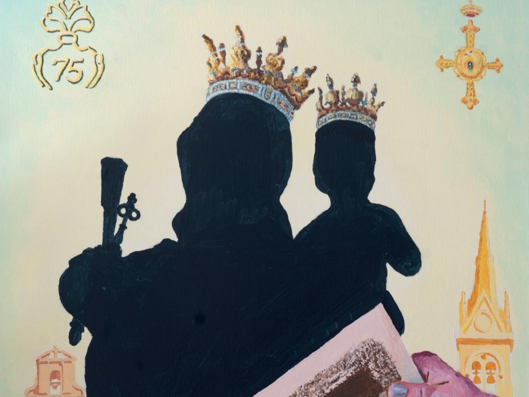 Detalle del cartel del 75 aniversario de la coronación canónica de la Virgen de la Victoria, patrona de Melilla
