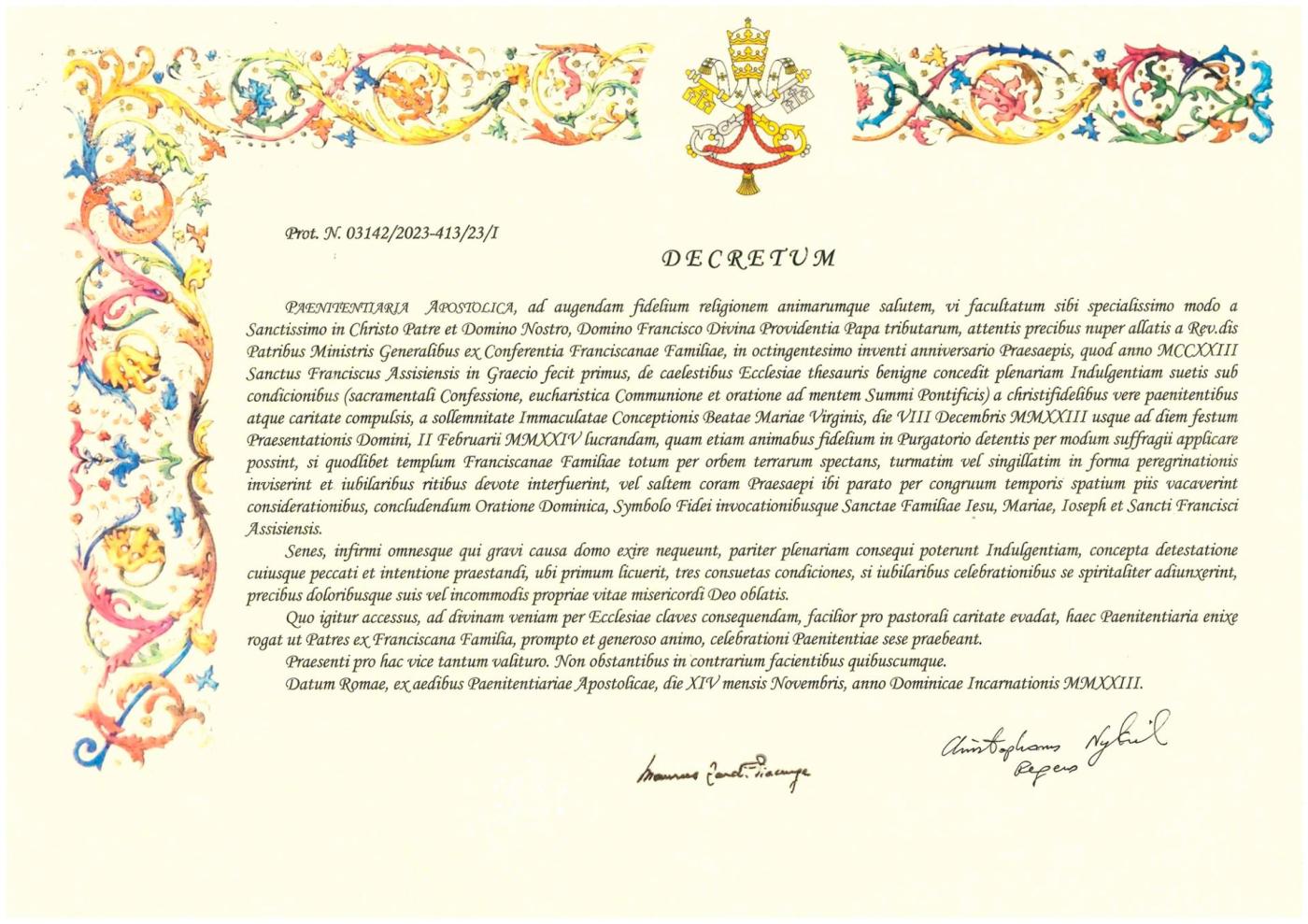 Decreto de la Penitenciaria Apostólica concediendo el tiempo jubilar a la familia franciscana