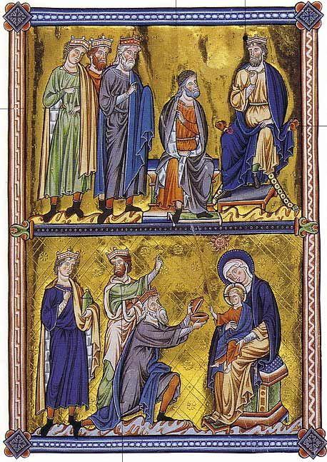 Magos ante Herodes y ante Jes&uacute;s, Salterio de Ingerburga de Sinamarca (S. XII)