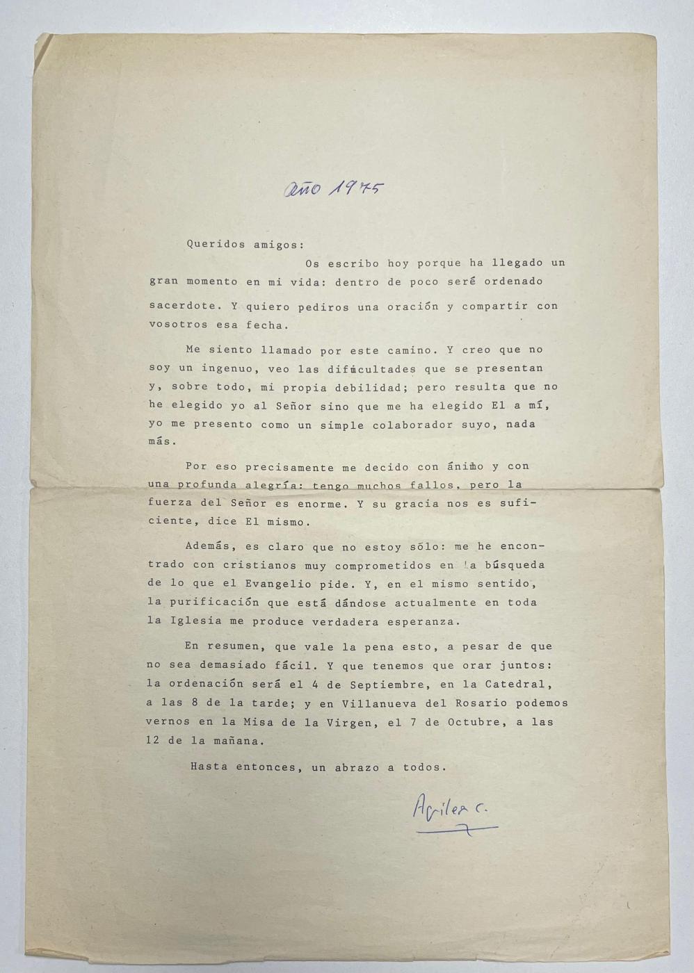 Carta que escribi&oacute; Antonio Aguilera a sus padres antes de la ordenaci&oacute;n sacerdotal