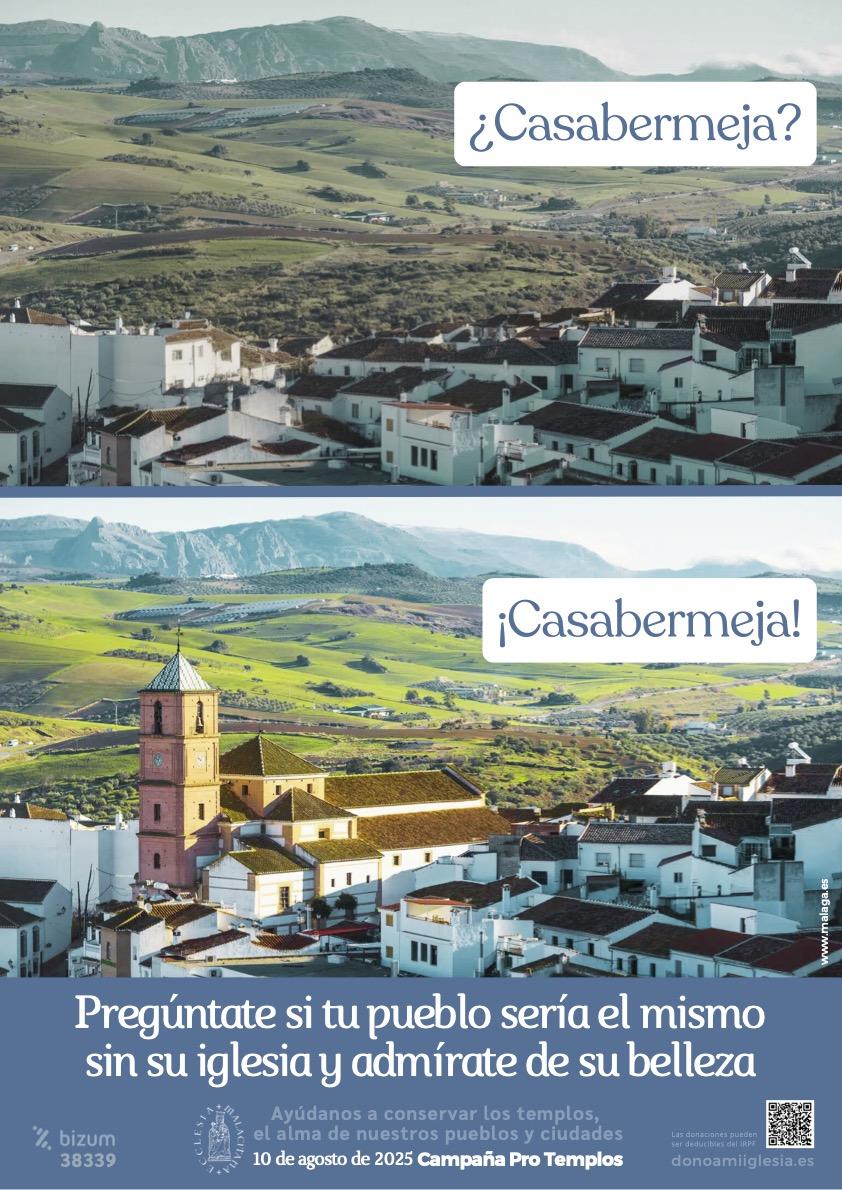 Cartel de la campaña Pro Templos con una imagen panorámica de Casabermeja a la que se le ha borrado la iglesia
